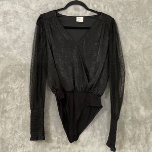 Peach Love Women Black Bodysuit Medium Sheer Sleeves Whimsigoth padded shoulders